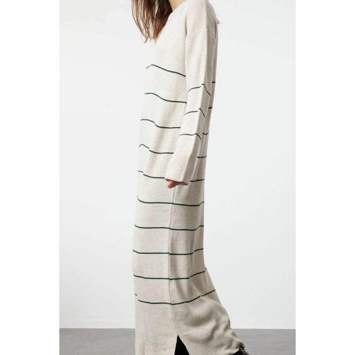 Moda Stil Relaxed Bisiklet Yaka Maxi Boy Tesettür Antrasit Çizgili Uzun Triko Elbise