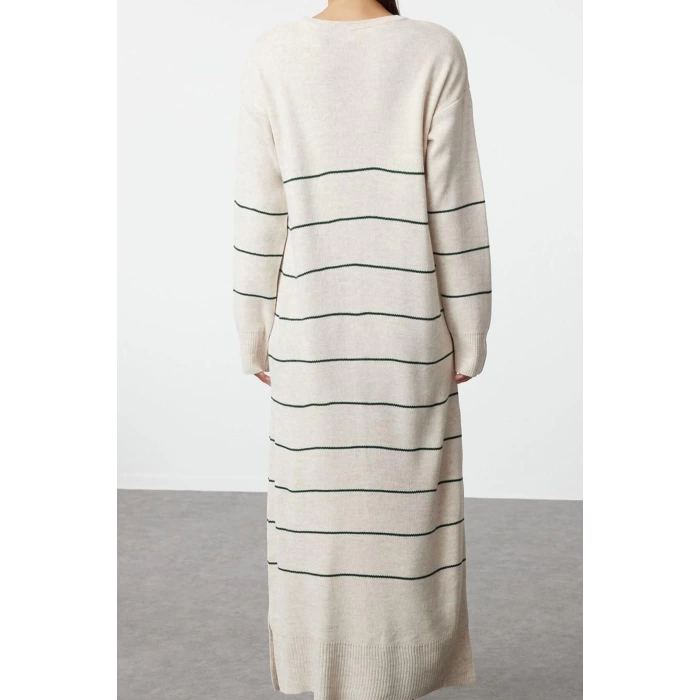 Moda Stil Relaxed Bisiklet Yaka Maxi Boy Tesettür Antrasit Çizgili Uzun Triko Elbise