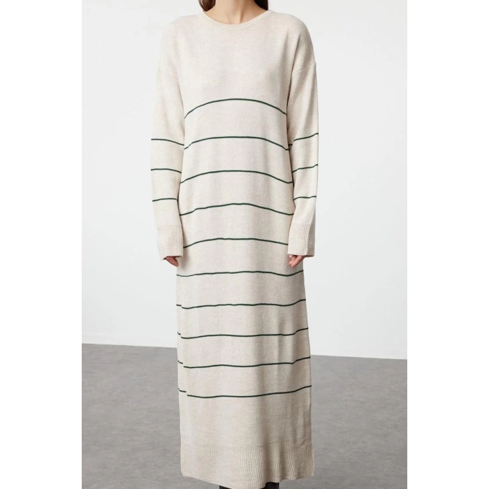 Moda Stil Relaxed Bisiklet Yaka Maxi Boy Tesettür Antrasit Çizgili Uzun Triko Elbise