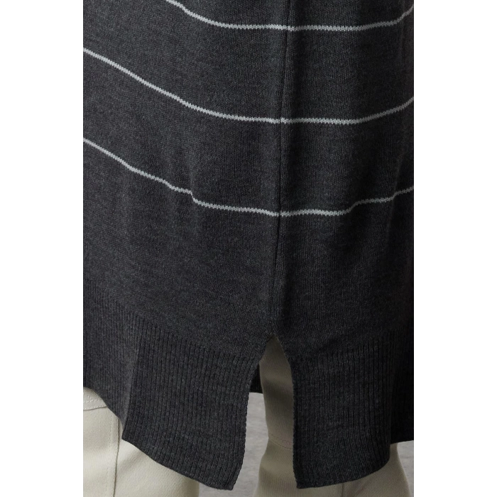 Moda Stil Relaxed Bisiklet Yaka Maxi Boy Tesettür Antrasit Çizgili Uzun Triko Elbise