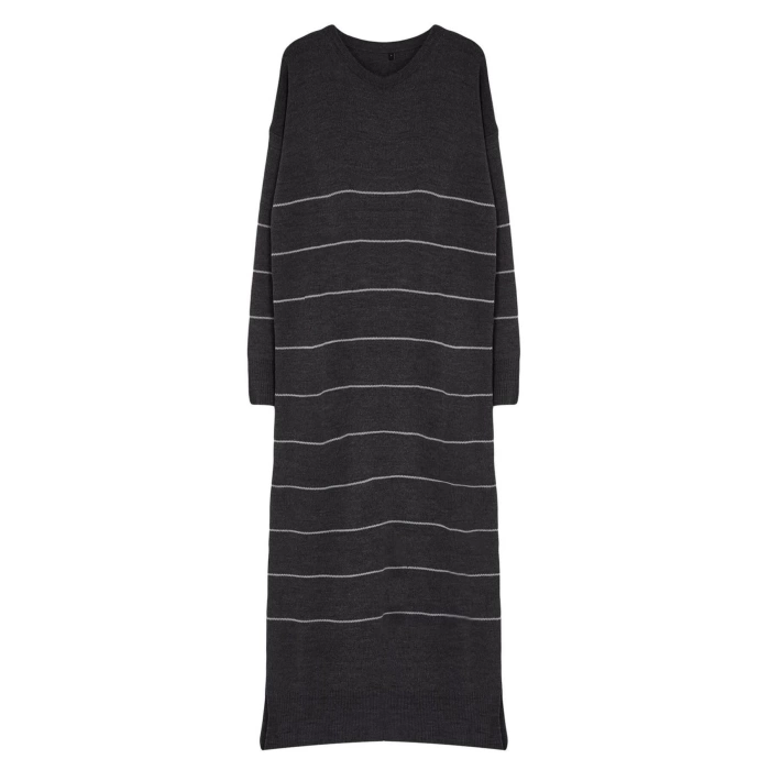 Moda Stil Relaxed Bisiklet Yaka Maxi Boy Tesettür Antrasit Çizgili Uzun Triko Elbise