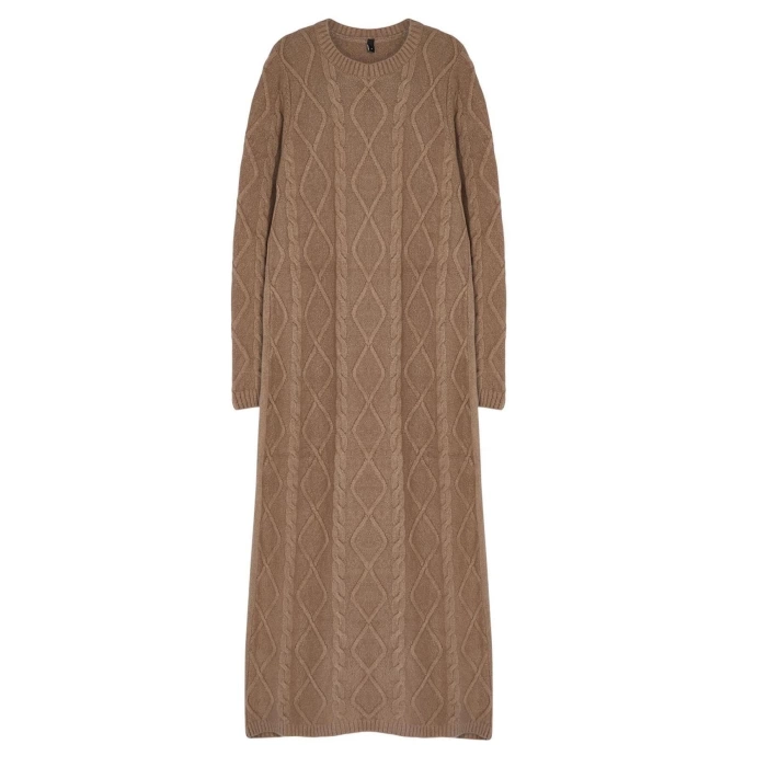 Moda Stil Regular Bisiklet Yaka Maxi Boy Tesettür Saç Örgü Desenli Yumuşak Dokulu Triko Elbise