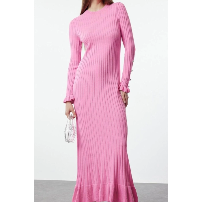 Fashion Style Regular Crew Neck Maxi Length Hijab Skirt Ruffle Ribbed Knitwear Dress