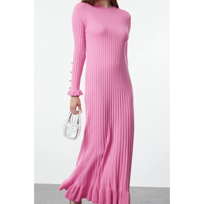 Fashion Style Regular Crew Neck Maxi Length Hijab Skirt Ruffle Ribbed Knitwear Dress