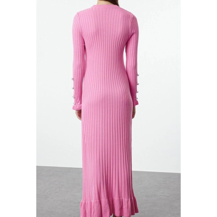 Fashion Style Regular Crew Neck Maxi Length Hijab Skirt Ruffle Ribbed Knitwear Dress
