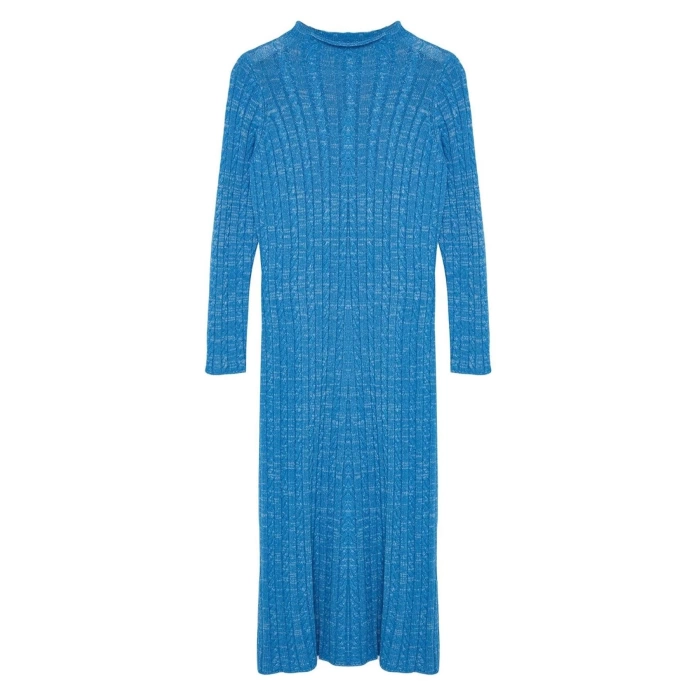 Fashion Style Fitted Stand Collar Midi Length Hijab Denim Washed Hair Knitted Sweater Dress