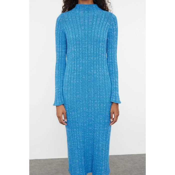 Fashion Style Fitted Stand Collar Midi Length Hijab Denim Washed Hair Knitted Sweater Dress