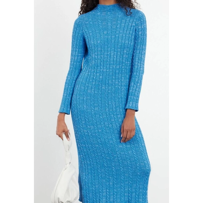 Fashion Style Fitted Stand Collar Midi Length Hijab Denim Washed Hair Knitted Sweater Dress