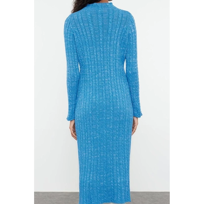 Fashion Style Fitted Stand Collar Midi Length Hijab Denim Washed Hair Knitted Sweater Dress