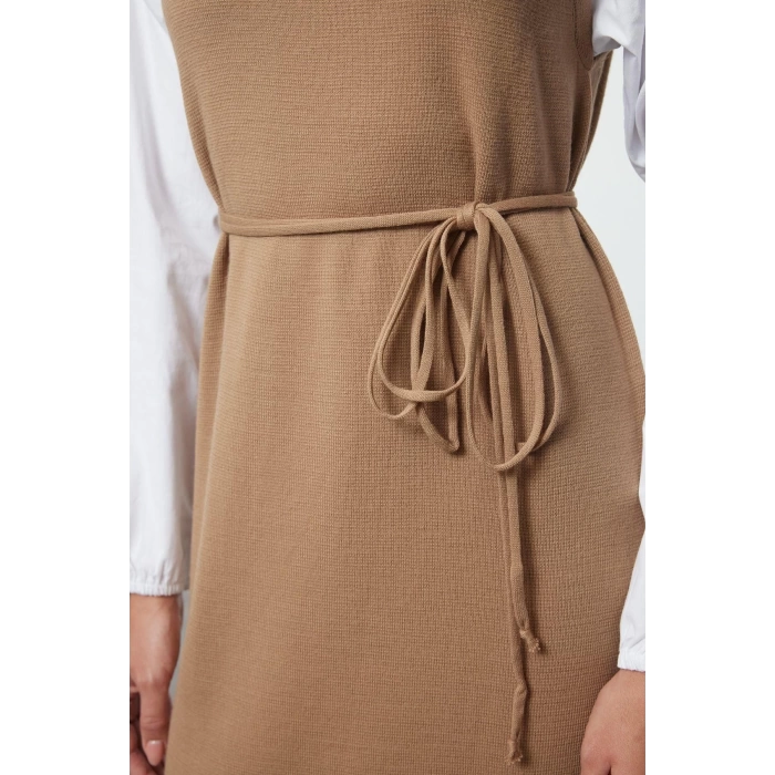 Moda Regular Maxi Hijab Beige Sleeves Woven Piece Detailed Waist Tied Knitwear Dress