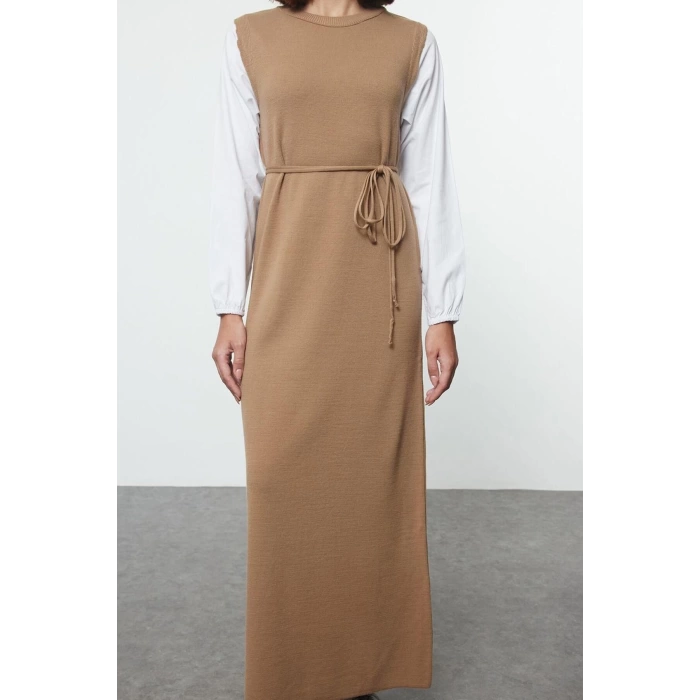 Moda Regular Maxi Hijab Beige Sleeves Woven Piece Detailed Waist Tied Knitwear Dress