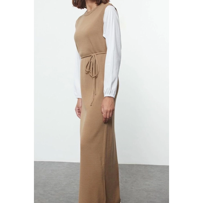 Moda Regular Maxi Hijab Beige Sleeves Woven Piece Detailed Waist Tied Knitwear Dress