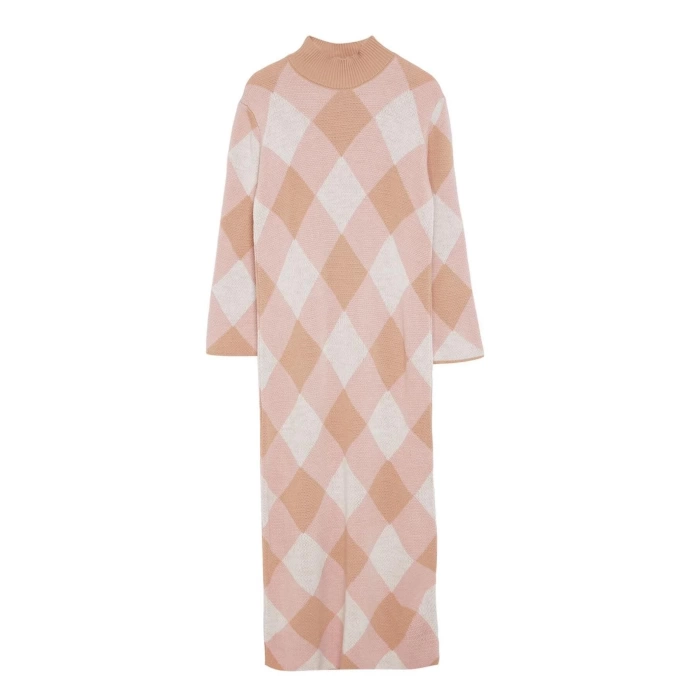 Fashion Style Relaxed Stand Collar Maxi Length Hijab Color Block Diamond Patterned Knit Dress