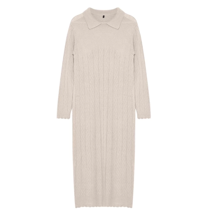 Fashion Style Regular Polo Collar Maxi Length Hijab Fishbone Patterned Knit Dress