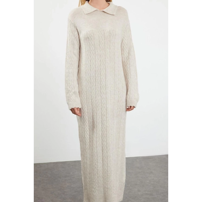 Fashion Style Regular Polo Collar Maxi Length Hijab Fishbone Patterned Knit Dress