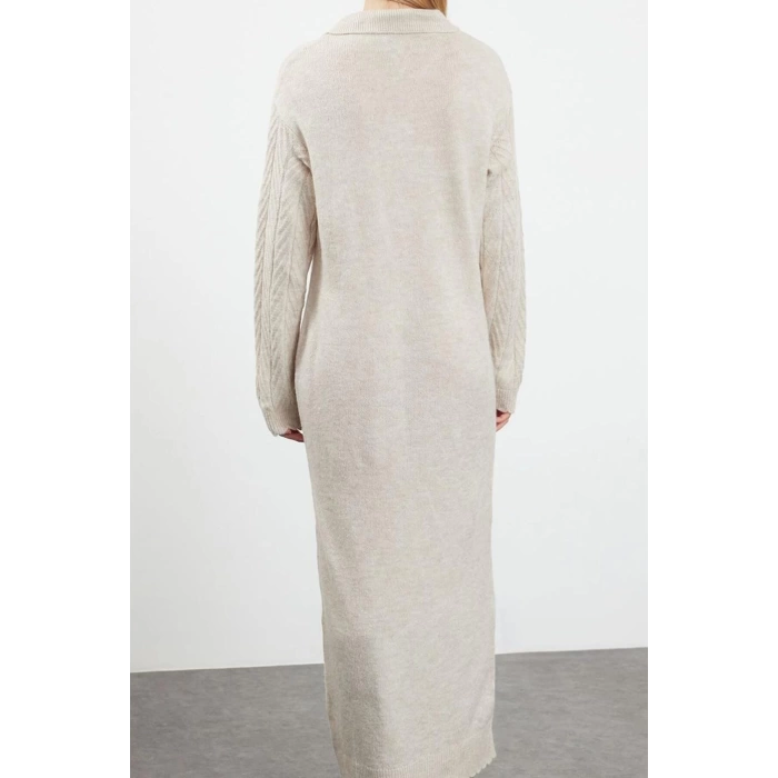 Fashion Style Regular Polo Collar Maxi Length Hijab Fishbone Patterned Knit Dress