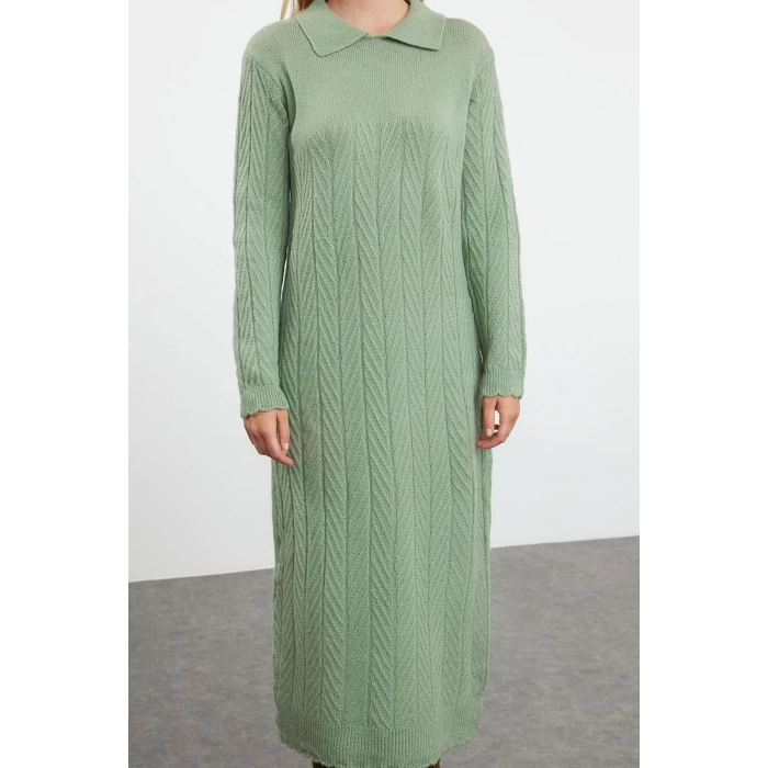 Fashion Style Regular Polo Collar Maxi Length Hijab Fishbone Patterned Knit Dress