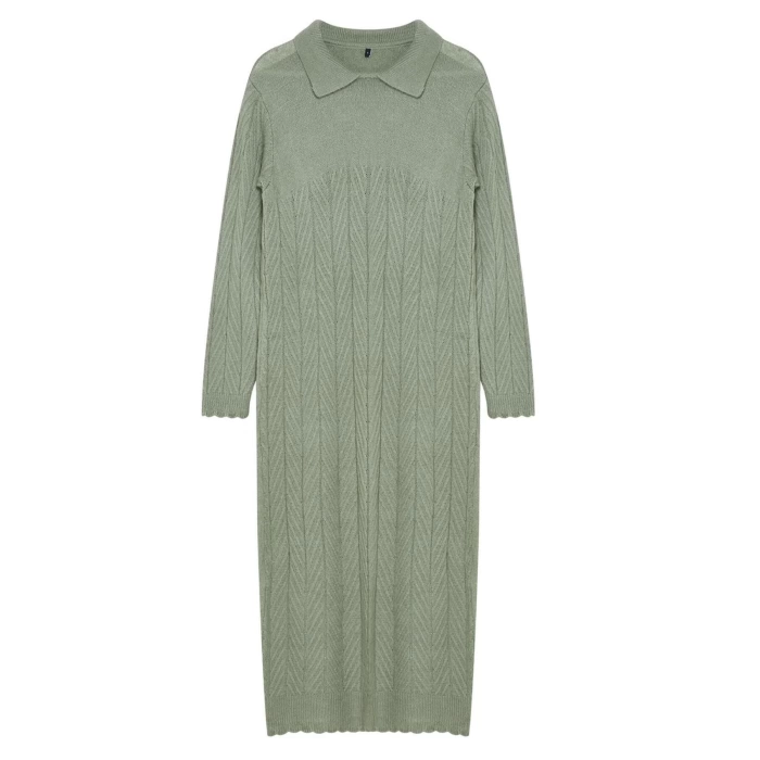 Fashion Style Regular Polo Collar Maxi Length Hijab Fishbone Patterned Knit Dress