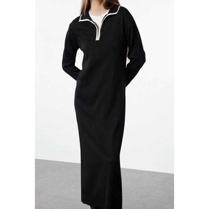 Fashion Style Fitted Polo Collar Maxi Length Hijab Ecru Piping Zippered Knitwear Dress