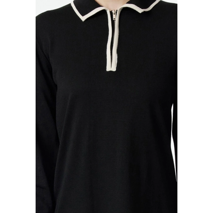 Fashion Style Fitted Polo Collar Maxi Length Hijab Ecru Piping Zippered Knitwear Dress