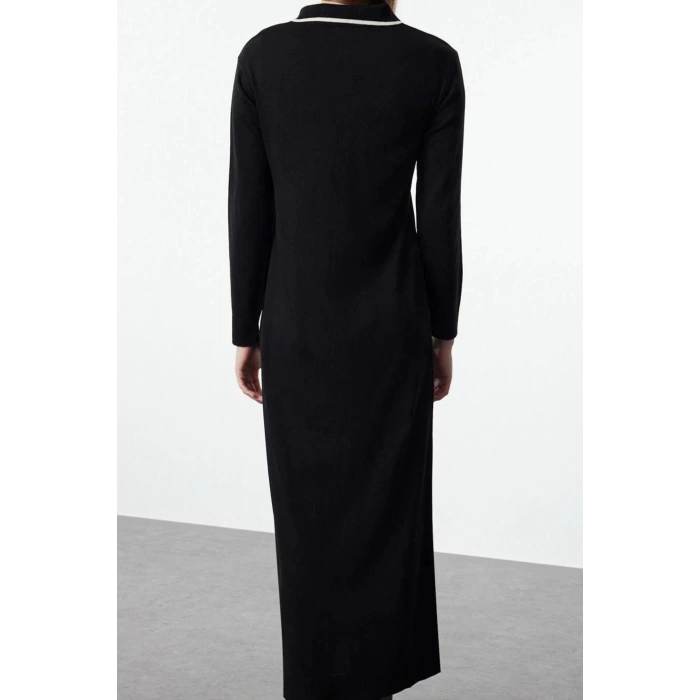 Fashion Style Fitted Polo Collar Maxi Length Hijab Ecru Piping Zippered Knitwear Dress