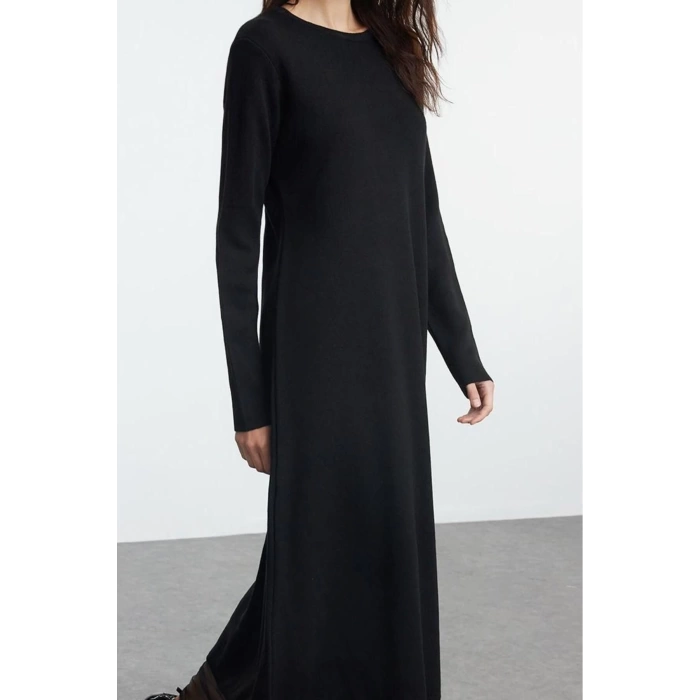 Fashion Style Fitted Crew Neck Maxi Length Hijab Skirt Tulle Detailed Knit Dress