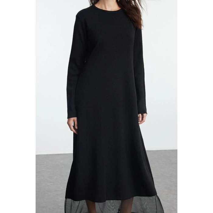 Fashion Style Fitted Crew Neck Maxi Length Hijab Skirt Tulle Detailed Knit Dress