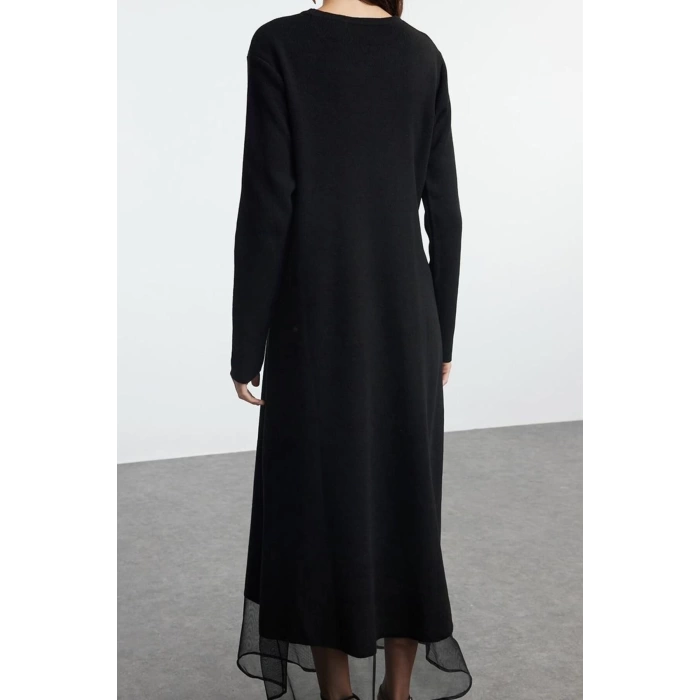 Fashion Style Fitted Crew Neck Maxi Length Hijab Skirt Tulle Detailed Knit Dress