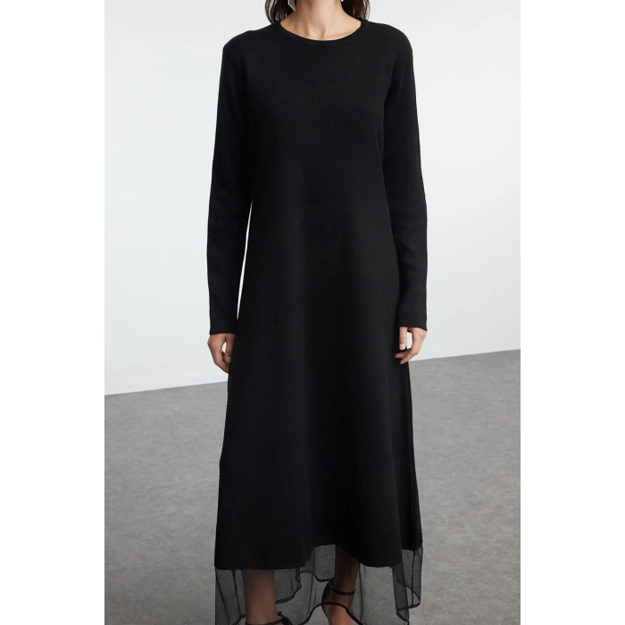 Fashion Style Fitted Crew Neck Maxi Length Hijab Skirt Tulle Detailed Knit Dress