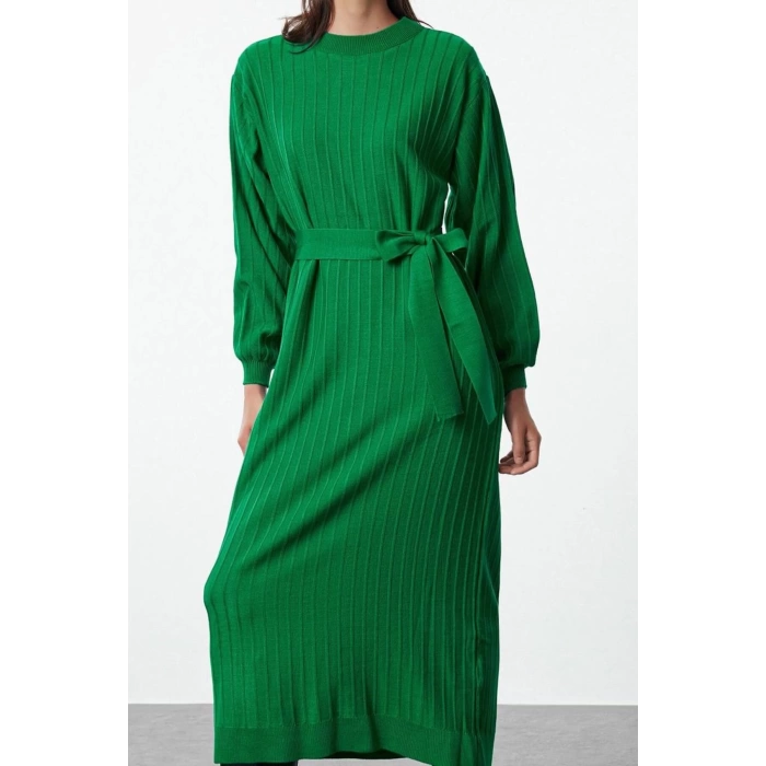 Fashion Style Relaxed High Neck Maxi Length Hijab Belted Knit Dress