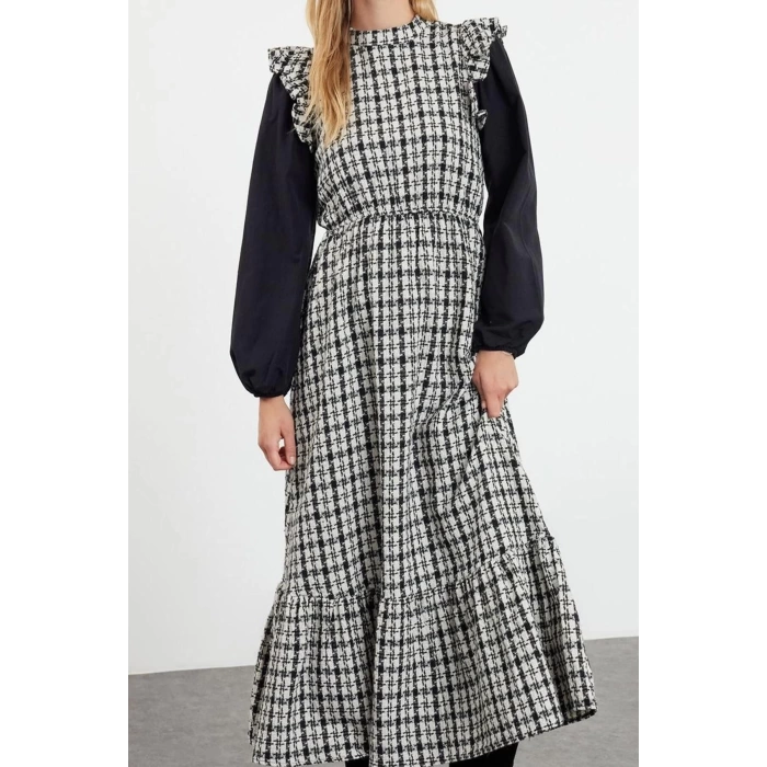 Fashion Style Regular Stand Collar Long Hijab Sleeves Poplin Detailed Woven Tweed Dress