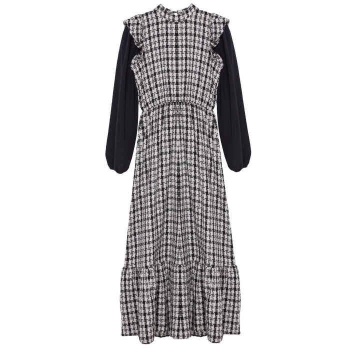 Fashion Style Regular Stand Collar Long Hijab Sleeves Poplin Detailed Woven Tweed Dress
