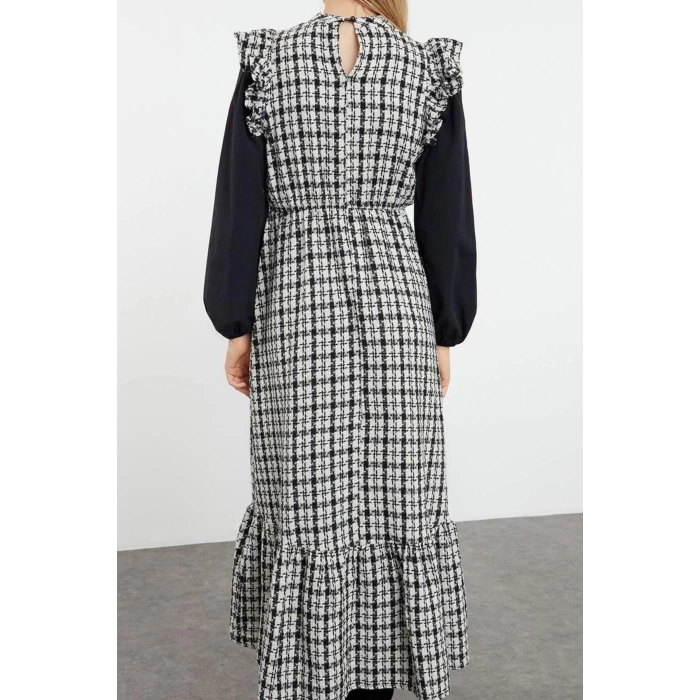 Fashion Style Regular Stand Collar Long Hijab Sleeves Poplin Detailed Woven Tweed Dress
