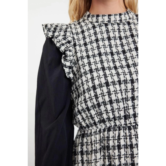 Fashion Style Regular Stand Collar Long Hijab Sleeves Poplin Detailed Woven Tweed Dress