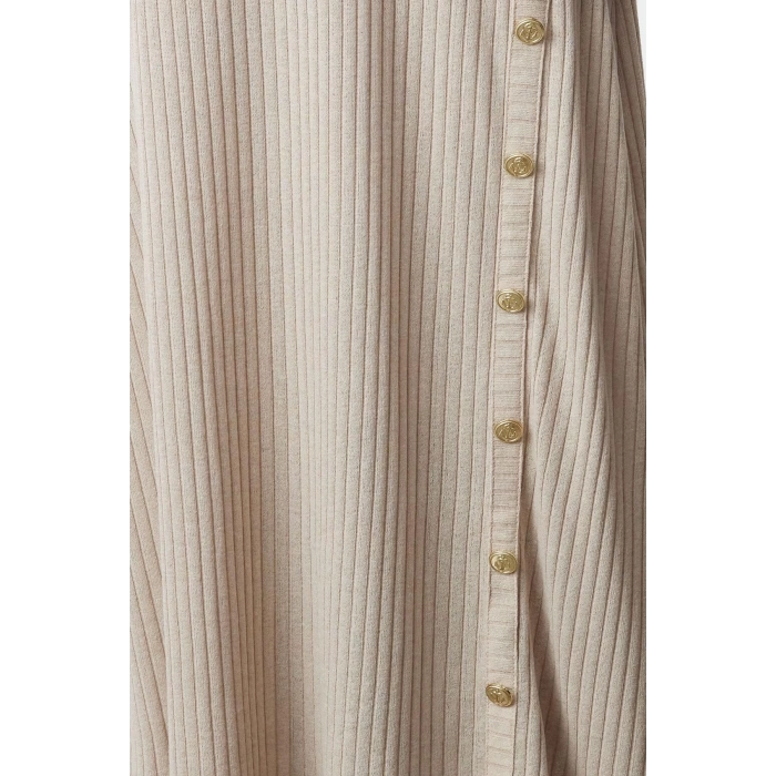 Moda Stil Fitted Bisiklet Yaka Maxi Boy Tesettür Düğme Detaylı Fitilli Örme Elbise