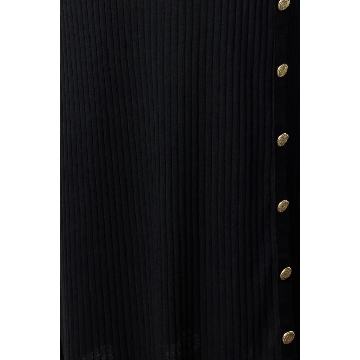 Moda Stil Fitted Bisiklet Yaka Maxi Boy Tesettür Düğme Detaylı Fitilli Örme Elbise