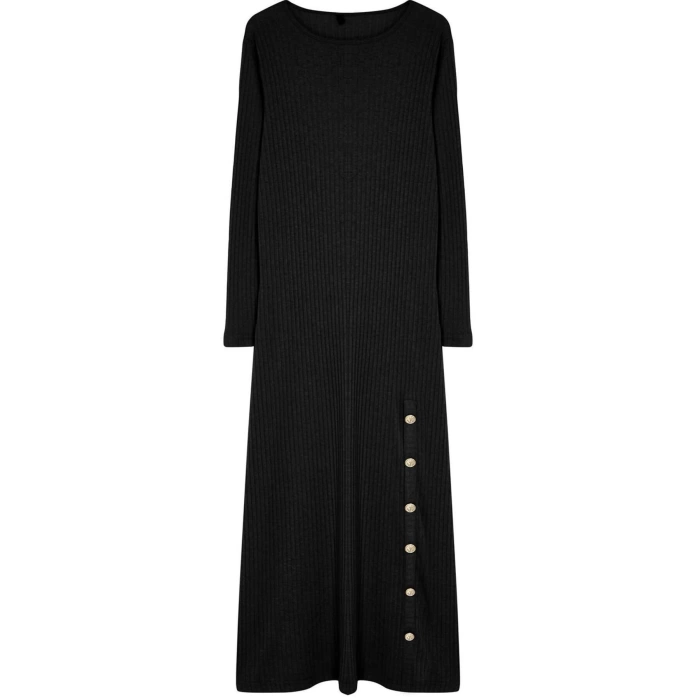 Moda Stil Fitted Bisiklet Yaka Maxi Boy Tesettür Düğme Detaylı Fitilli Örme Elbise