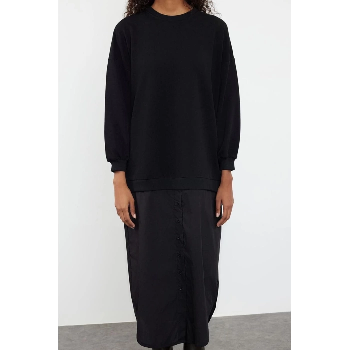Fashion Style Regular Crew Neck Maxi Length Hijab Woven Shirt Detailed Knitted Dress