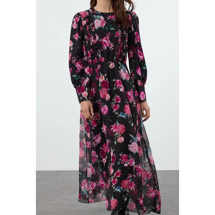 Fashion Style Regular Crew Neck Long Hijab Floral Patterned Ruffle Woven Dress