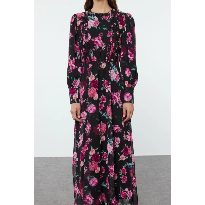Fashion Style Regular Crew Neck Long Hijab Floral Patterned Ruffle Woven Dress