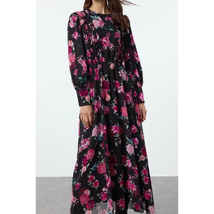 Fashion Style Regular Crew Neck Long Hijab Floral Patterned Ruffle Woven Dress