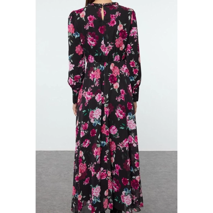 Fashion Style Regular Crew Neck Long Hijab Floral Patterned Ruffle Woven Dress