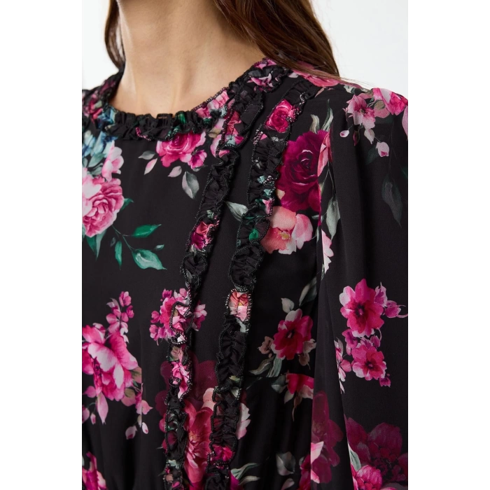 Fashion Style Regular Crew Neck Long Hijab Floral Patterned Ruffle Woven Dress