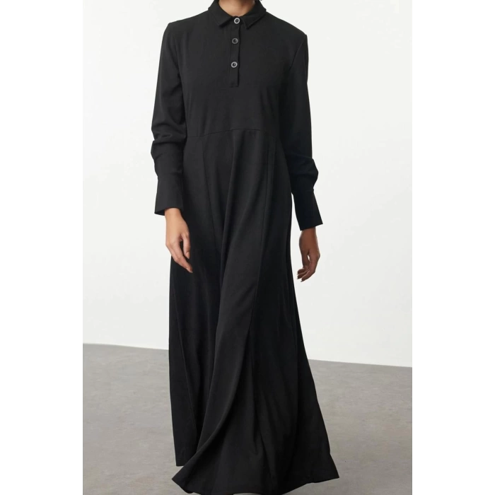 Fashion Style Fitted Shirt Collar Long Hijab Skirt Flounce Button Detailed Knitted Dress