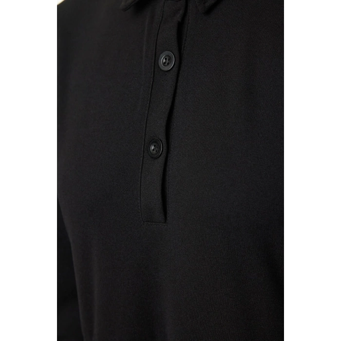 Fashion Style Fitted Shirt Collar Long Hijab Skirt Flounce Button Detailed Knitted Dress