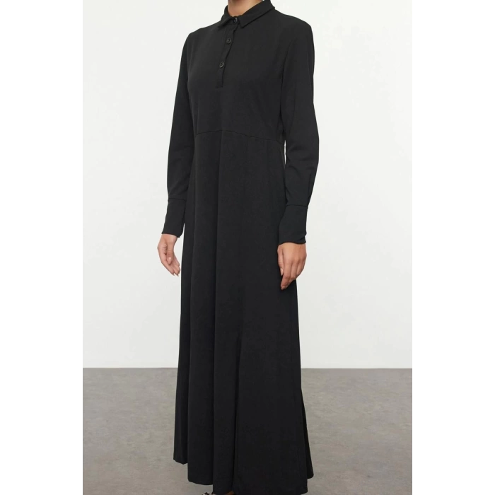 Fashion Style Fitted Shirt Collar Long Hijab Skirt Flounce Button Detailed Knitted Dress
