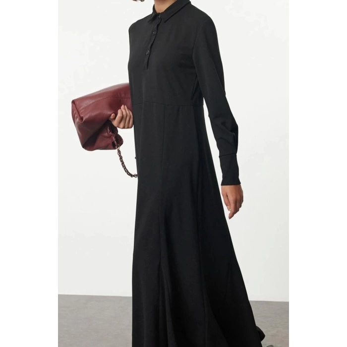 Fashion Style Fitted Shirt Collar Long Hijab Skirt Flounce Button Detailed Knitted Dress