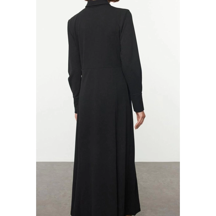 Fashion Style Fitted Shirt Collar Long Hijab Skirt Flounce Button Detailed Knitted Dress