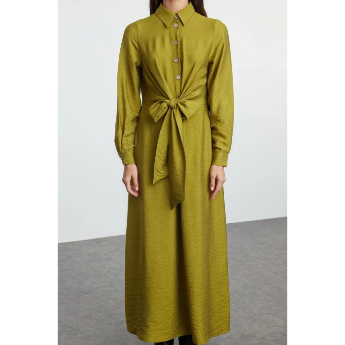 Fashion Style Regular Shirt Collar Long Hijab Waist Tied Woven Aerobin Dress