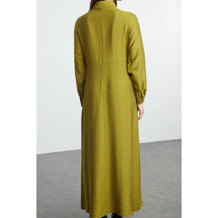 Fashion Style Regular Shirt Collar Long Hijab Waist Tied Woven Aerobin Dress